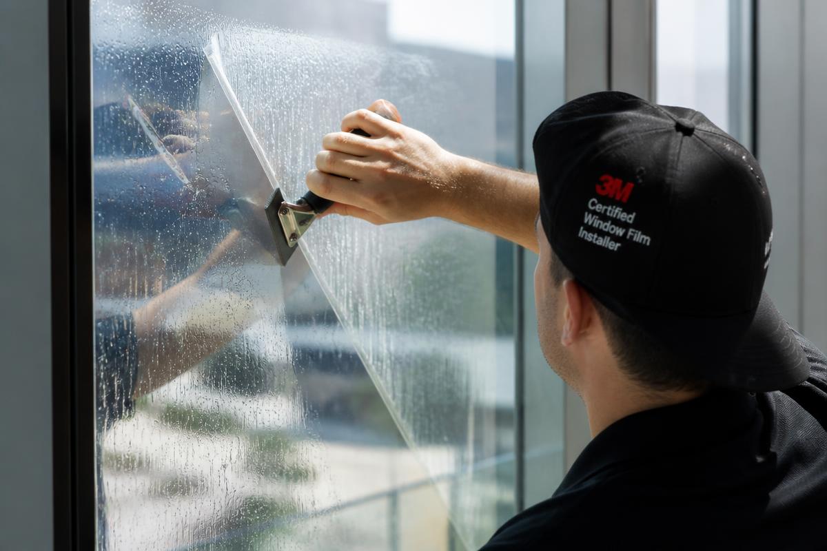 Professional window film installation squeegee and tools on office glass