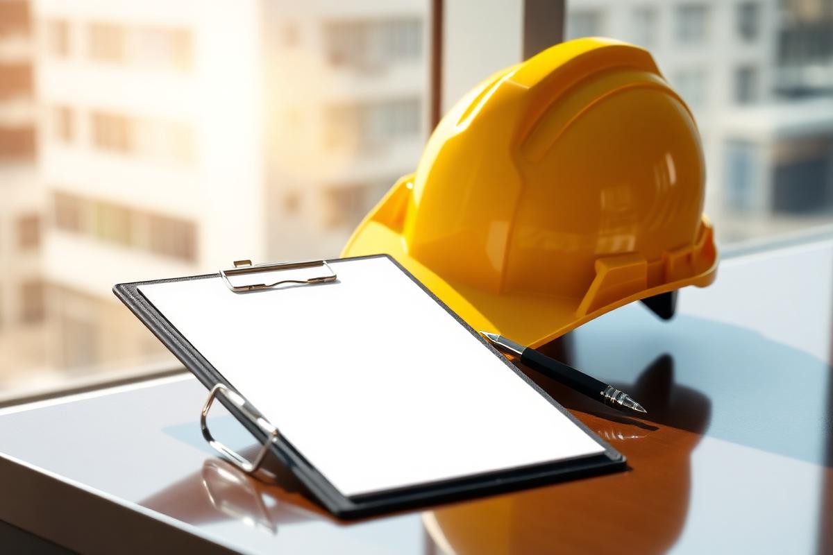 Hard hat and clipboard on a desk beside a sunlit tinted office window