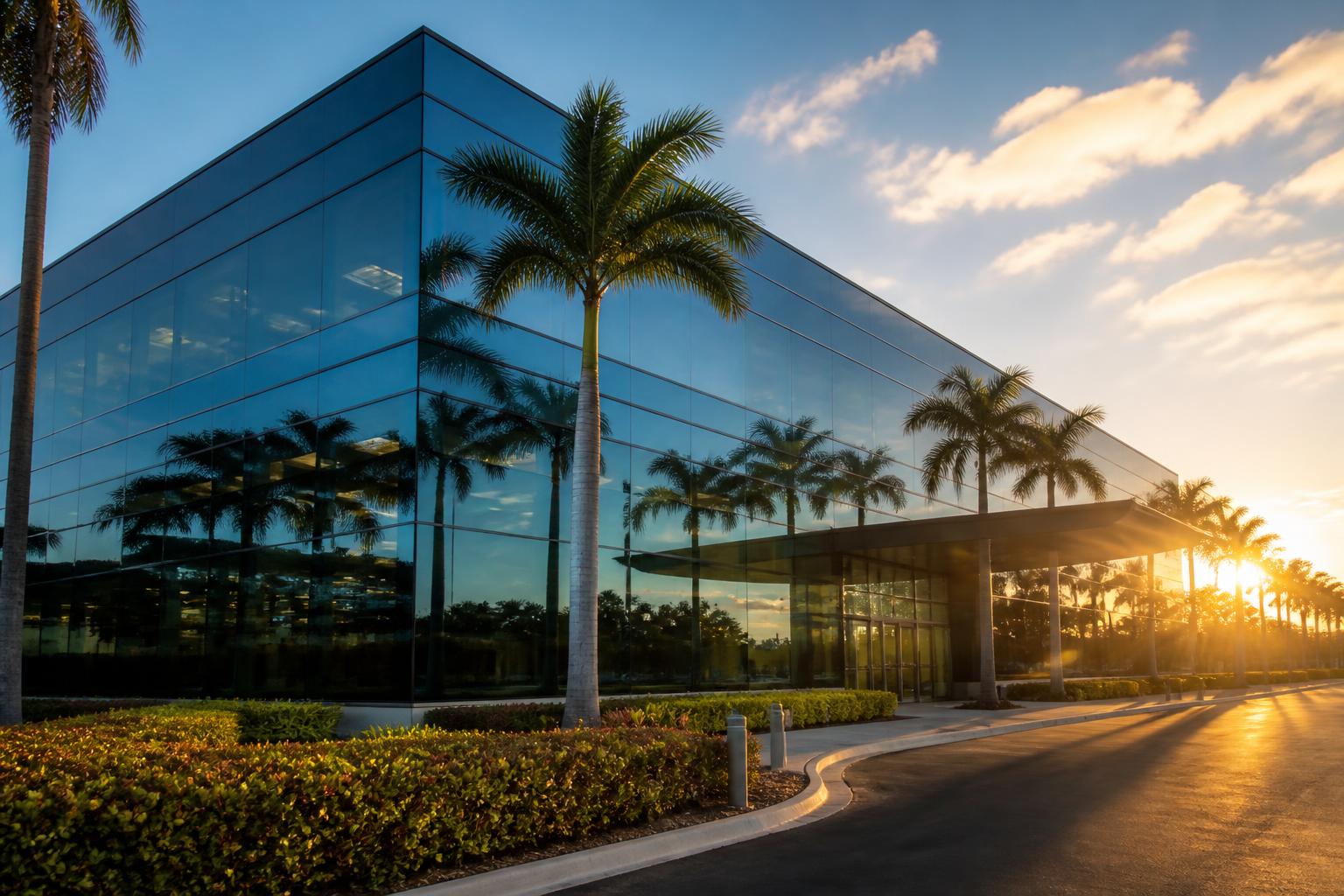 Modern Florida corporate glass building at golden hour with solar control window film