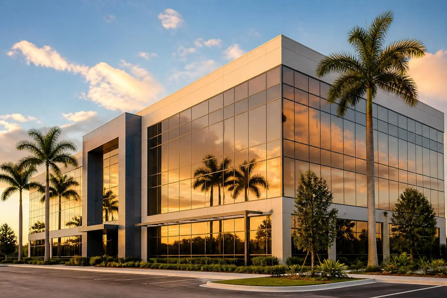 Modern Florida commercial building with solar control window film at sunset