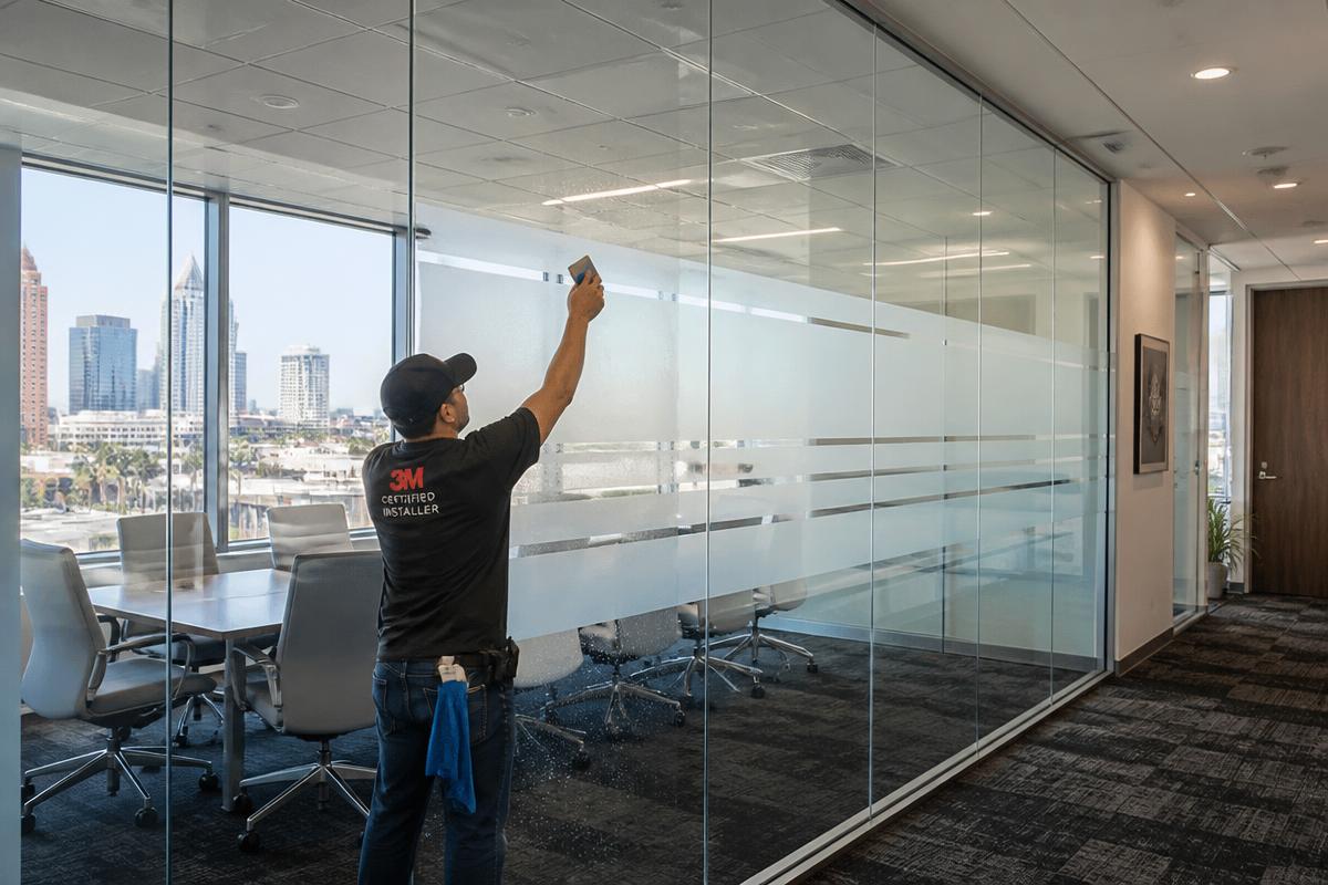 Certified installer applying 3M decorative frosted window film to a glass conference room wall