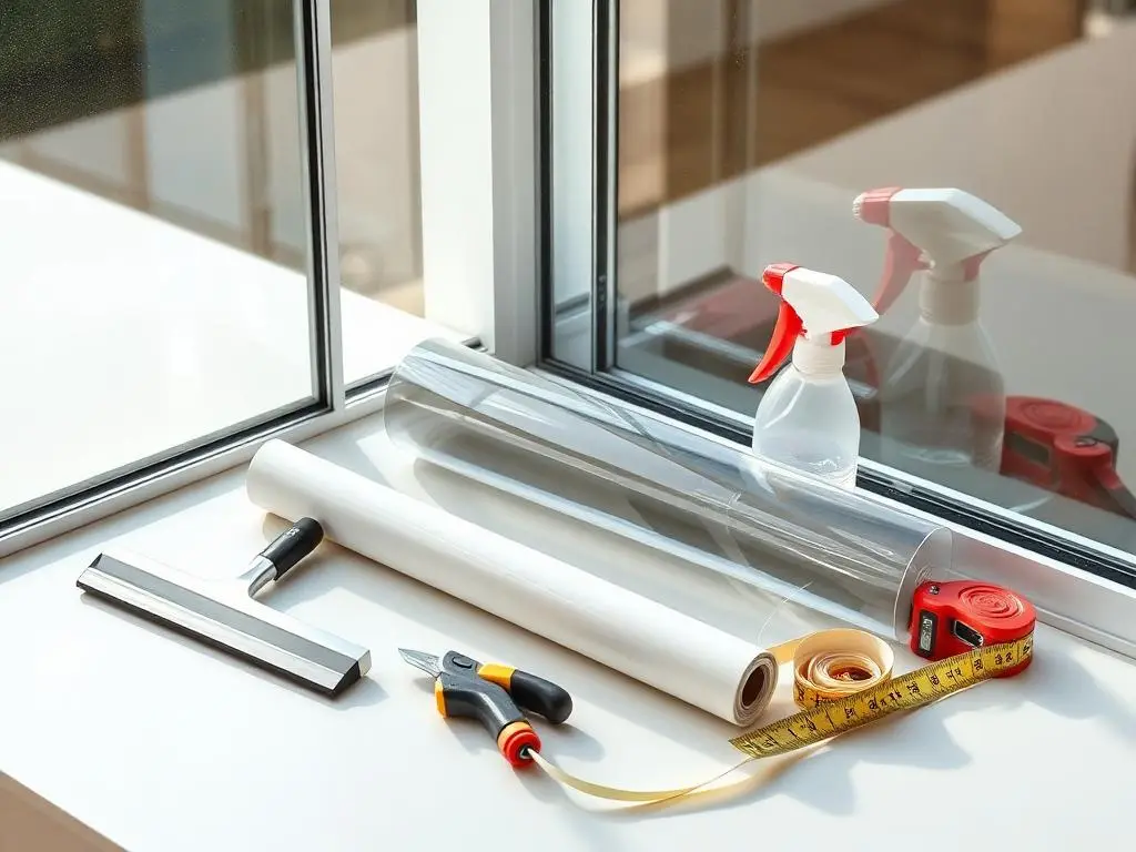 Professional window film installation tools beside a glass pane
