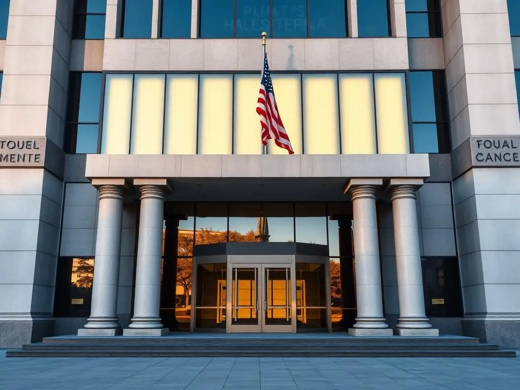 Federal government building with tinted security glass entrance